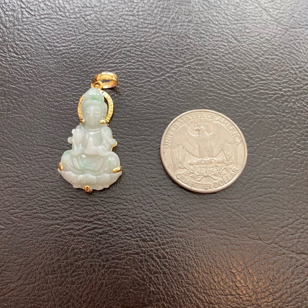14K Solid Gold Kwan Yin Guanyin Female Buddha Natural Jadeite Jade Pendant - Picture 8 of 8